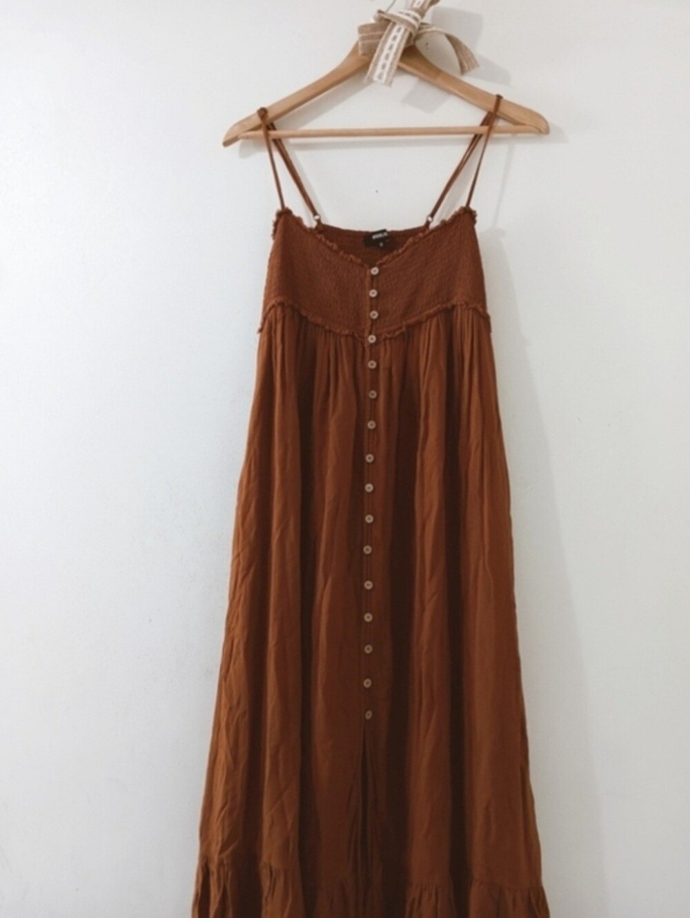 Vici Wishlist Terracotta Pumpkin Rust Brown Smocked Button Front Boho Maxi Dress
